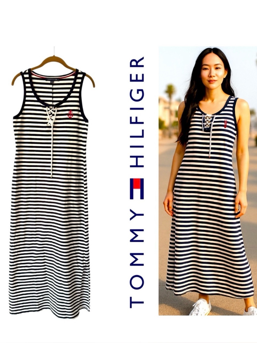 Tommy Hilfiger Navy Blue White Striped Maxi Dress Tank Dress Cotton Nautical Sm